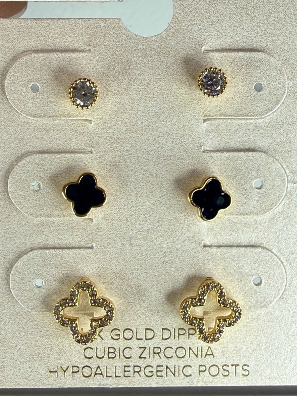 francesca's 14 Gold Dipped & Black Clover Stud Earring Set of 3 Pair - Picture 2 of 4